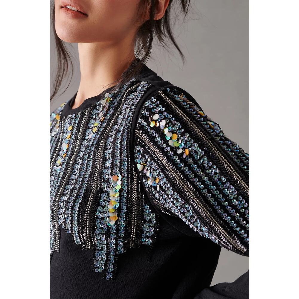New Anthropologie Let Me Be Disco Sequin Sweatshirt $168 Small Black - Picture 2 of 7